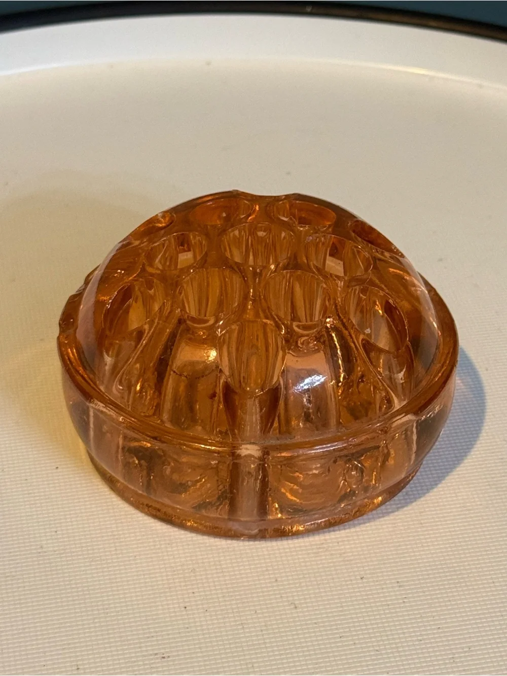 Vintage Peach Glass Flower Frog - Decorative Home Accent READ